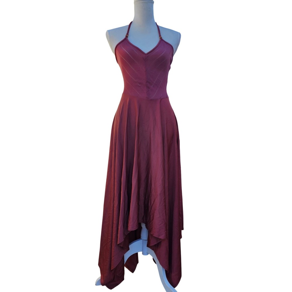 Burgundy Halter Pointelle Knit Handkerchief Hem Maxi Dress Maroon Sleeveless